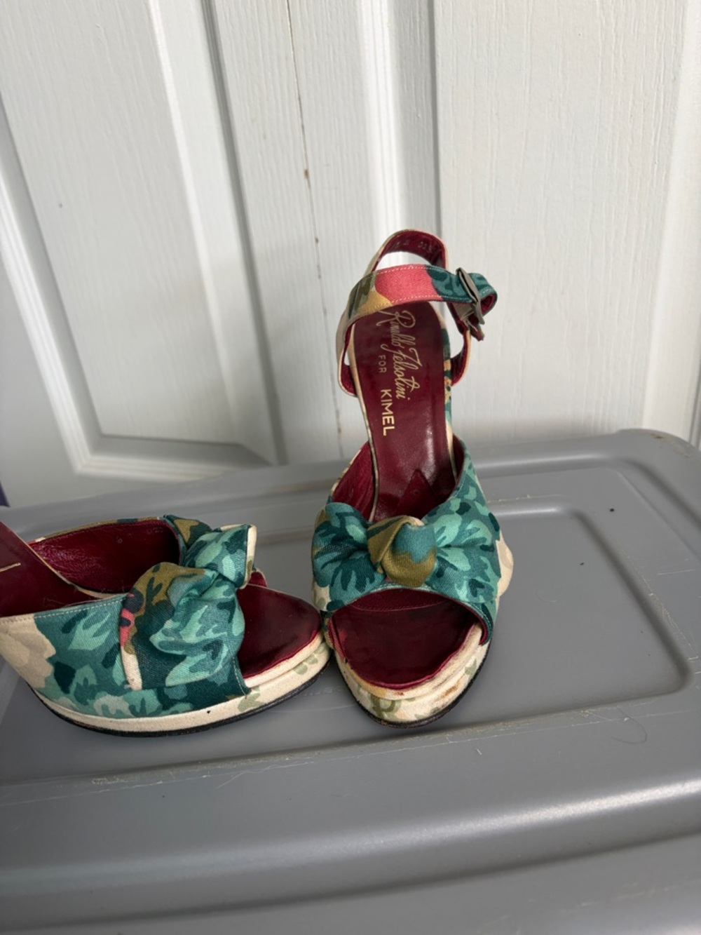 VINTAGE Rinaldo Felsotini Teal, Burgundy & Cream Floral Knot Block Heels - Picture 3 of 8